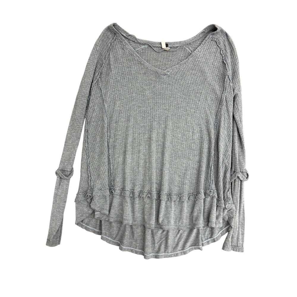 We The Free Free People Gray Waffle Knit Thermal V-Neck Ruffle Hem Top Medium